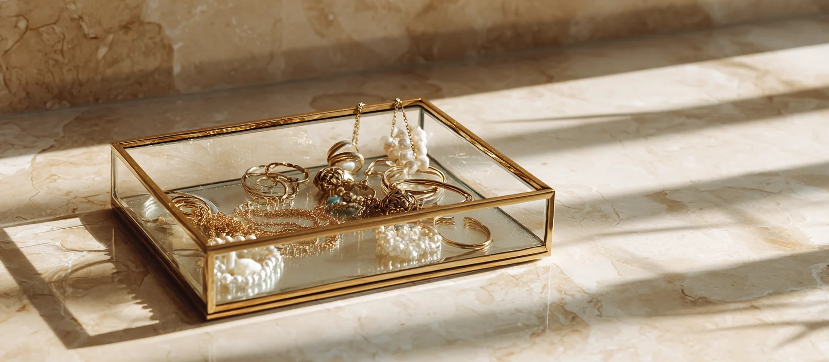 Horizontal frame near glass jewelry tray, jewelry tray, display trays.